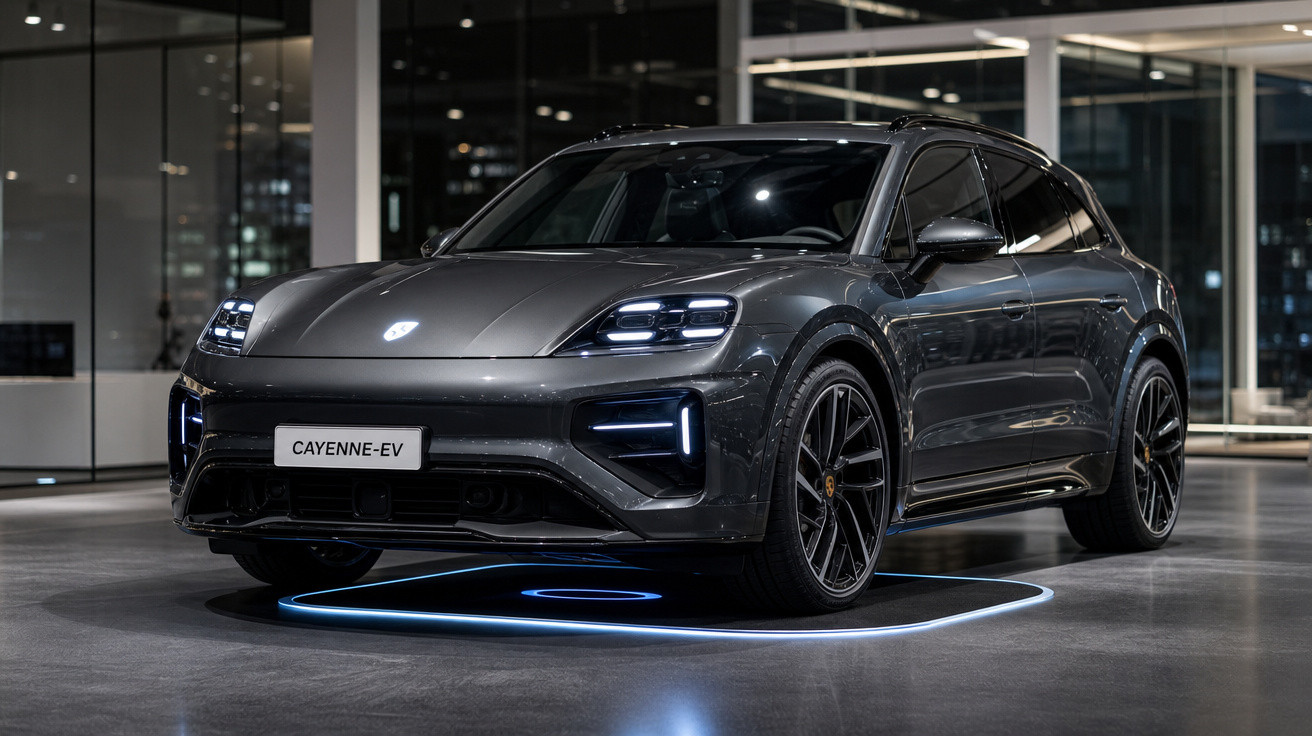 Carro eléctrico Porsche Cayenne-EV cinzento escuro em exposição num salão moderno e iluminado.