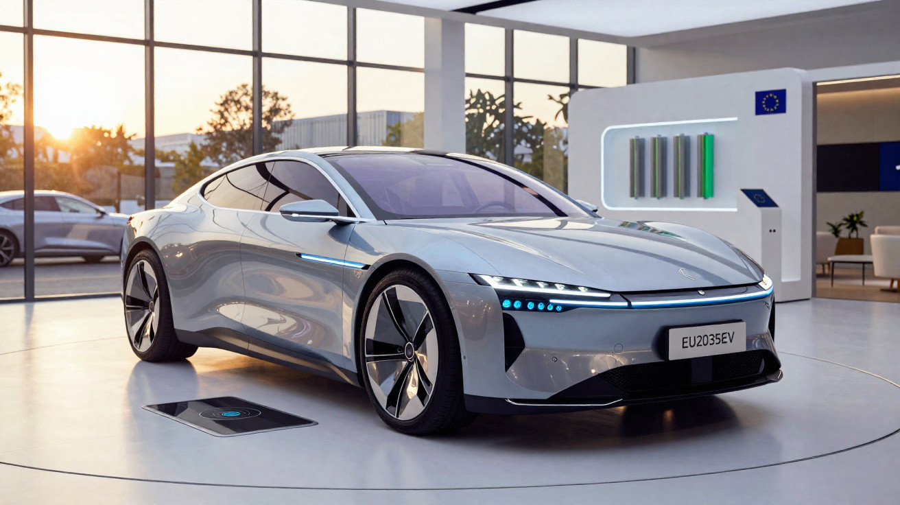 Carro elétrico futurista prateado exposto em interiores modernos com grandes janelas e luz natural ao pôr do sol.