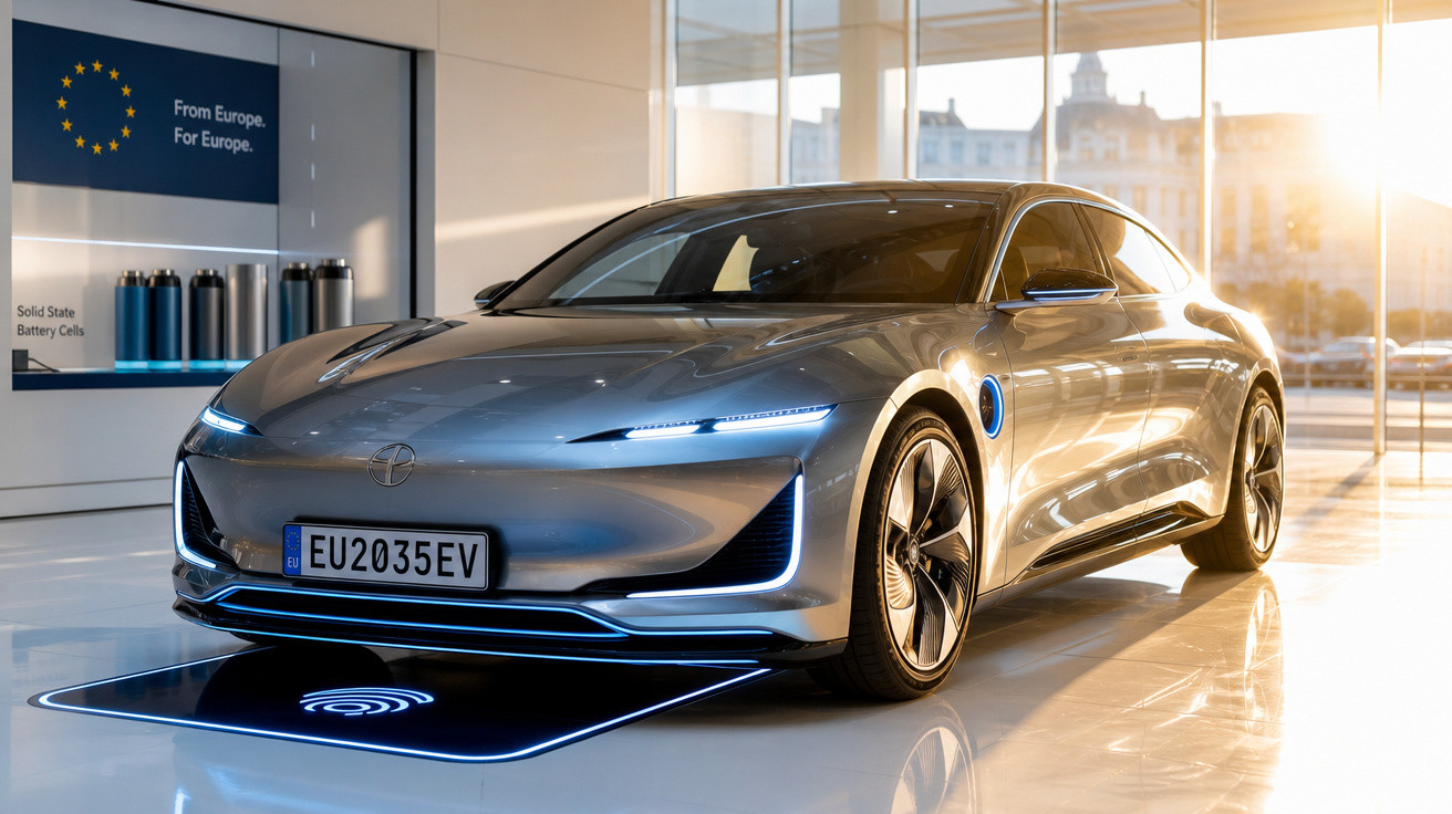 Carro elétrico prateado futurista estacionado em ambiente interior com luz natural e placa europeia.