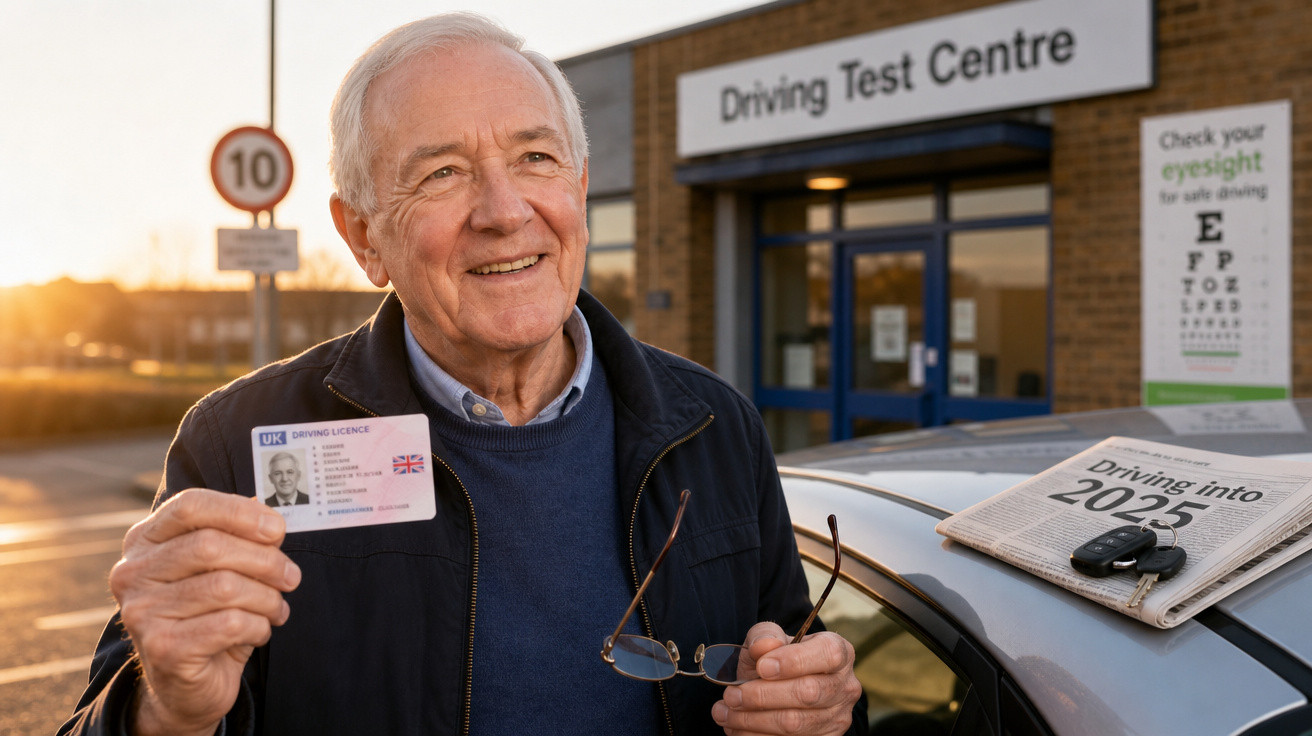 Homem idoso sorridente mostra carta de condução junto a carro e centro de exames de condução ao pôr do sol.