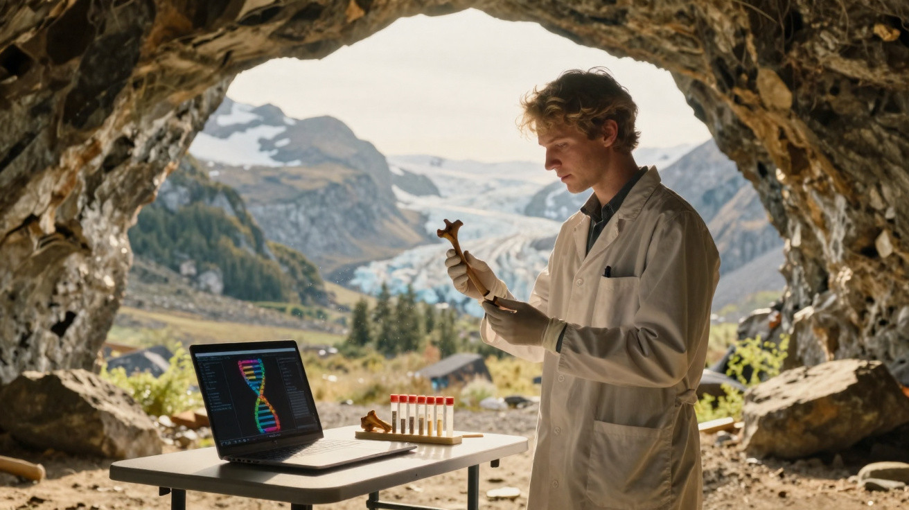Cientista com bata examina fóssil numa gruta com montanhas e neve ao fundo, junto a computador e tubos de ensaio.