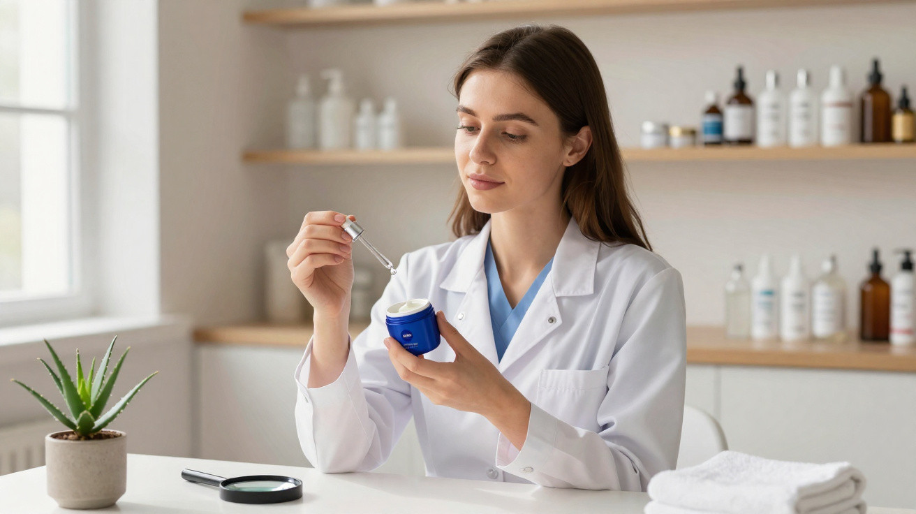 Mulher em bata branca usa conta-gotas para aplicar produto em creme azul num laboratório de cosméticos.