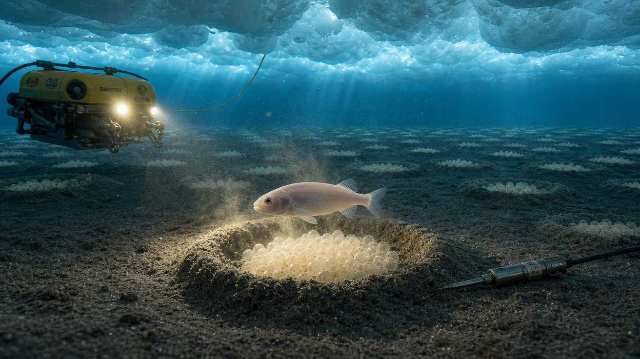 Veículo subaquático iluminando peixe a proteger ovos no fundo do mar coberto por gelo.