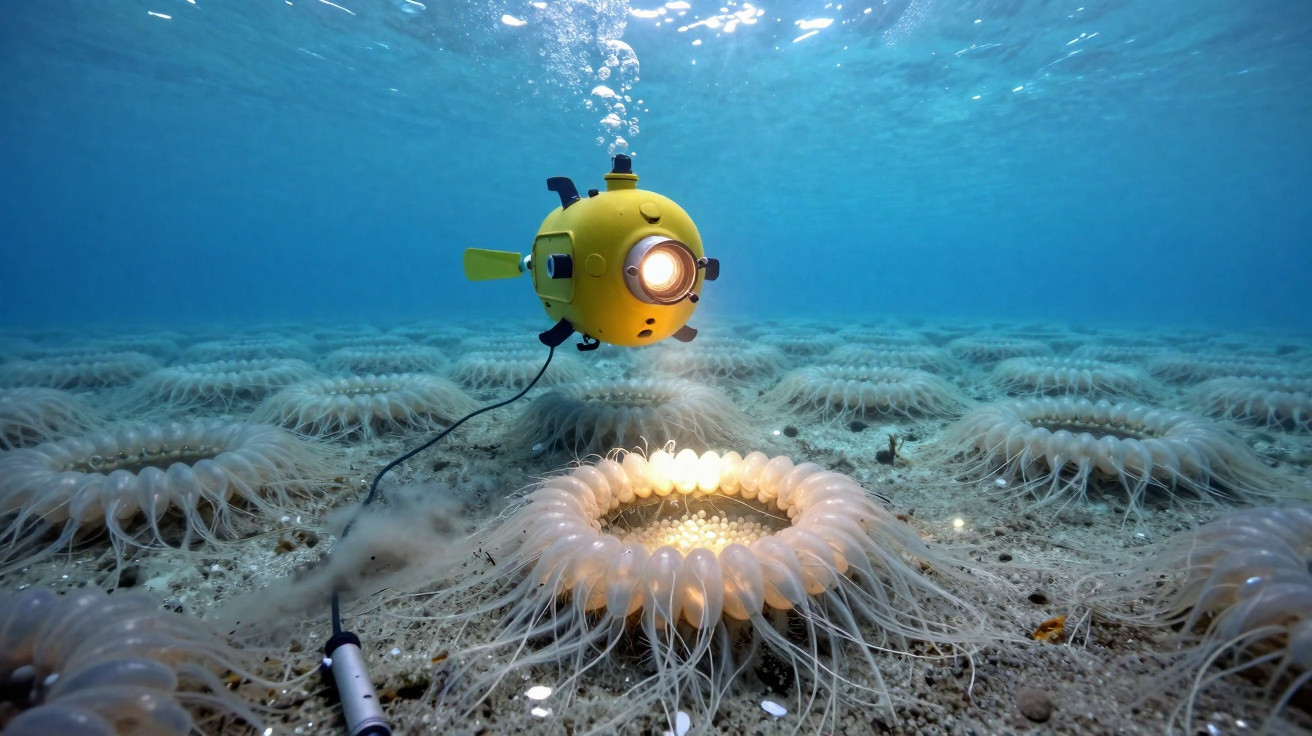 Veículo subaquático amarelo iluminando anémonas do mar no fundo do oceano.