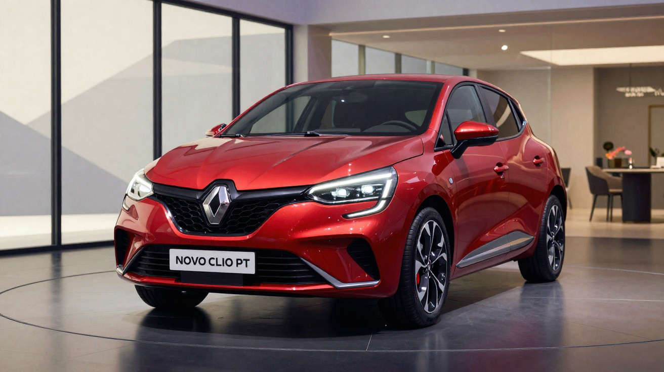 Carro Renault Clio vermelho, vista frontal em ambiente interior moderno e iluminado.