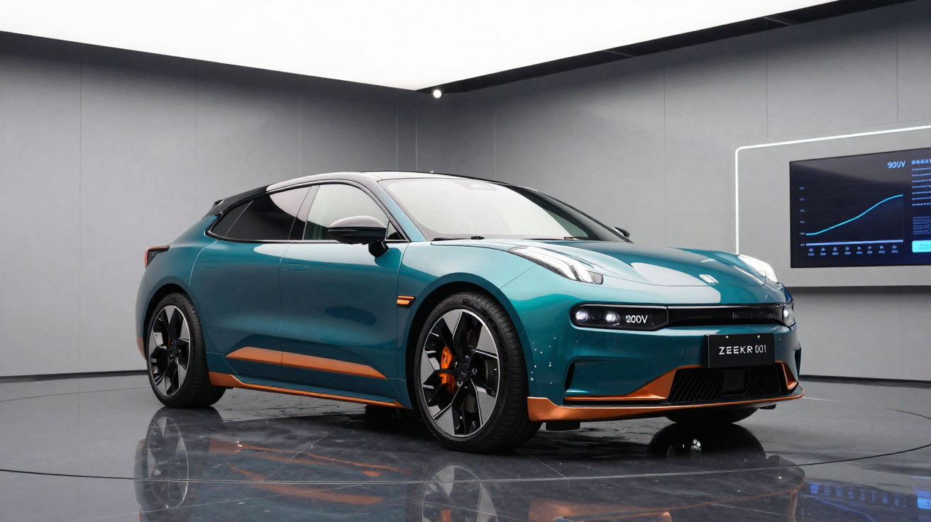 Carro elétrico Zeekr 001 azul metálico com detalhes em laranja, apresentado numa sala moderna.