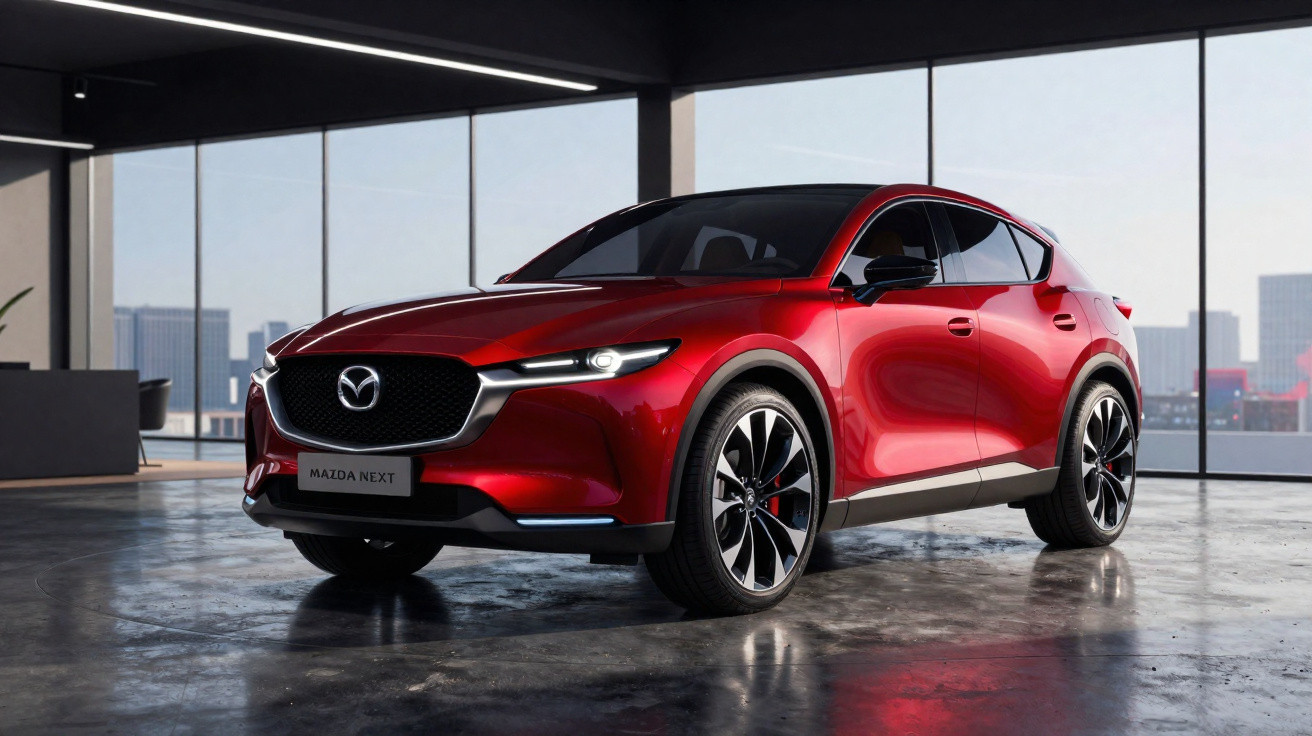 Carro Mazda vermelho moderno estacionado em espaço interior com grandes janelas e vista da cidade ao fundo.