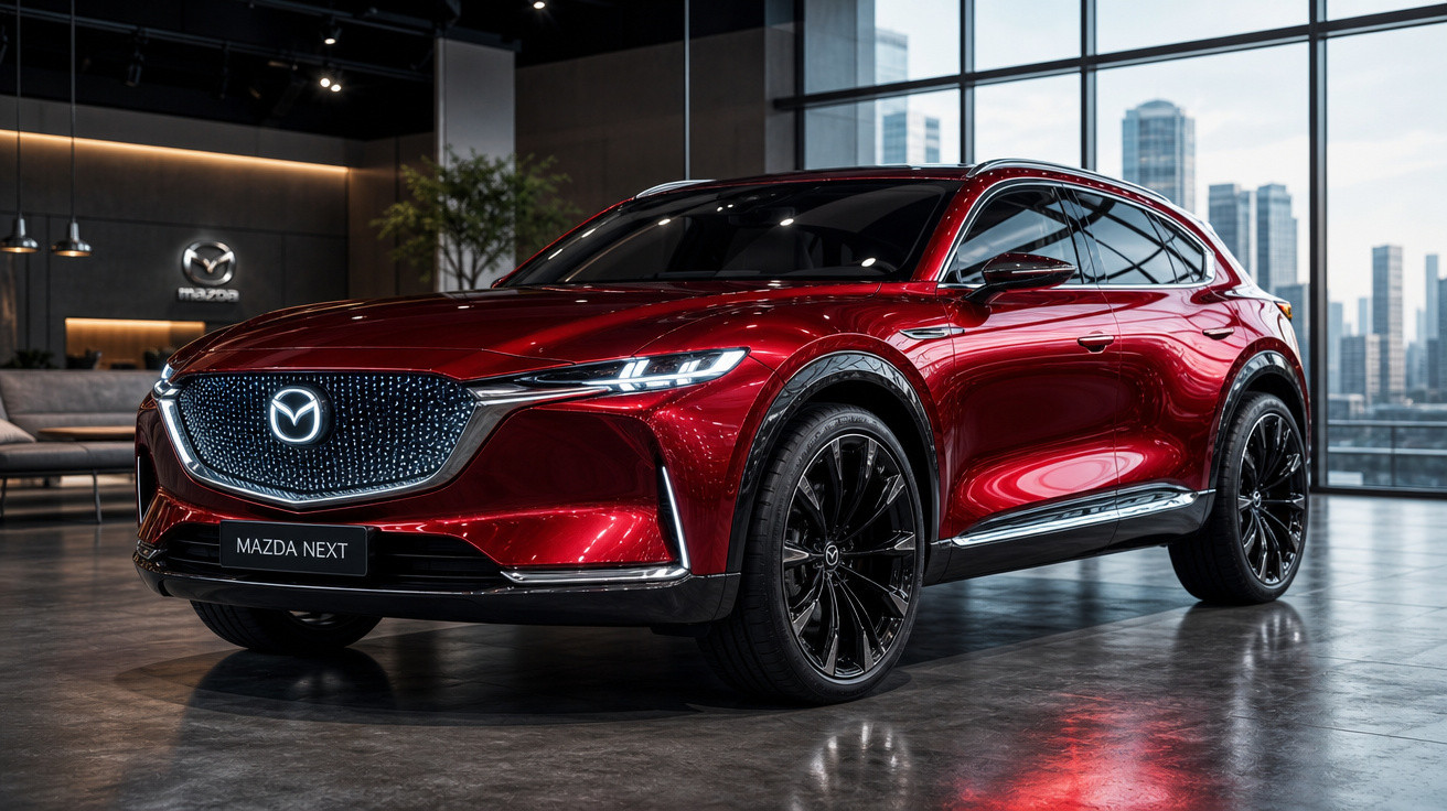 Carro SUV Mazda Next vermelho brilhante, moderno, exposto numa sala com janelas grandes e vista urbana.