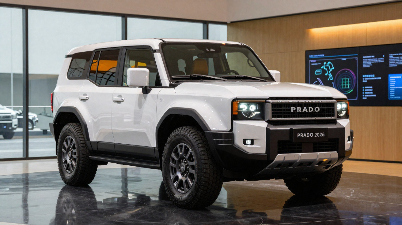 Carro todo-o-terreno branco Toyota Prado 2026 exposto em showroom moderno e iluminado.