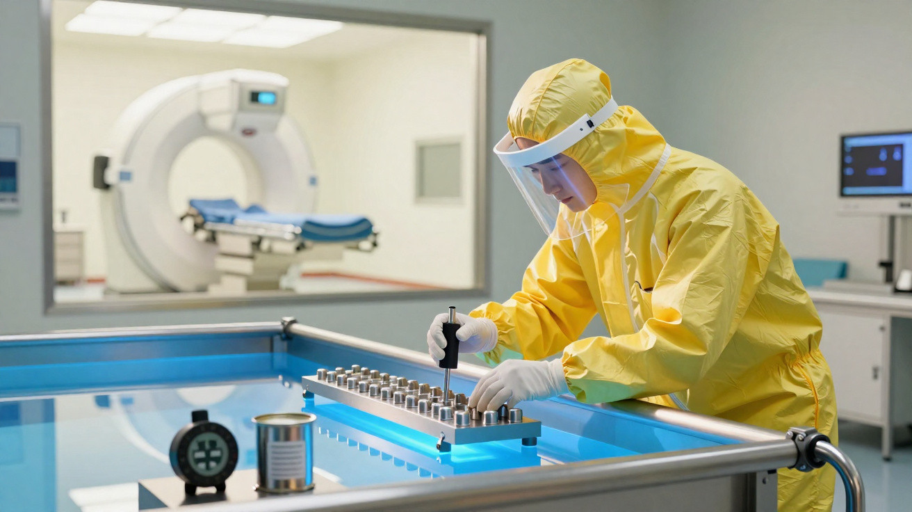 Profissional em fato de proteção a trabalhar em laboratório com equipamentos de análise e diagnóstico médico.