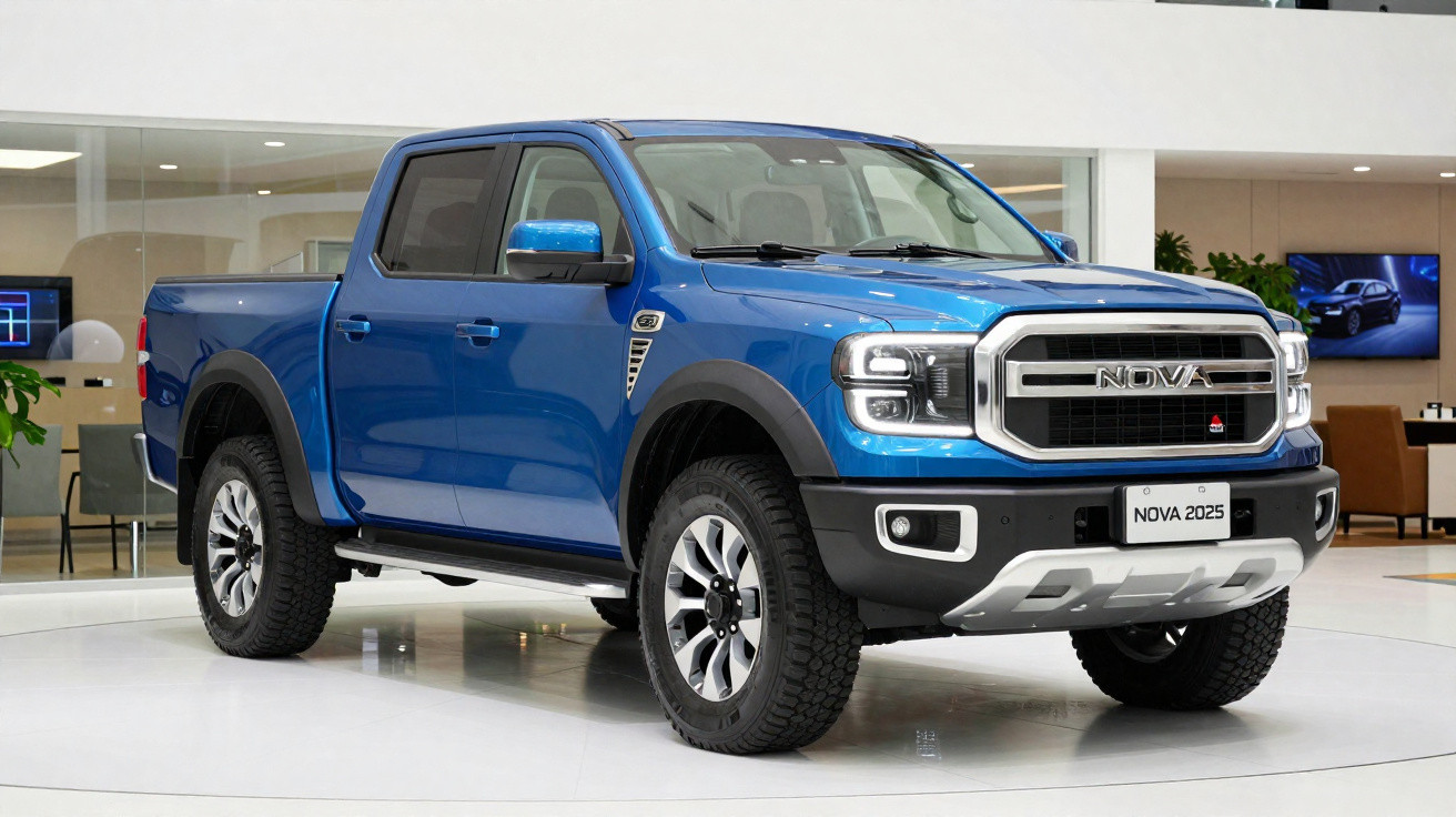 Camioneta pickup azul Nova 2025 exposta em ambiente interior moderno e luminoso.