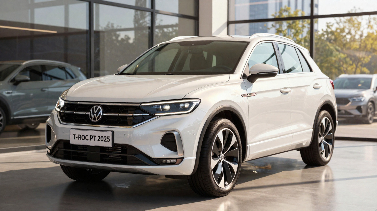 Volkswagen T-Roc branco estacionado em showroom moderno com janelas de vidro grandes ao fundo.