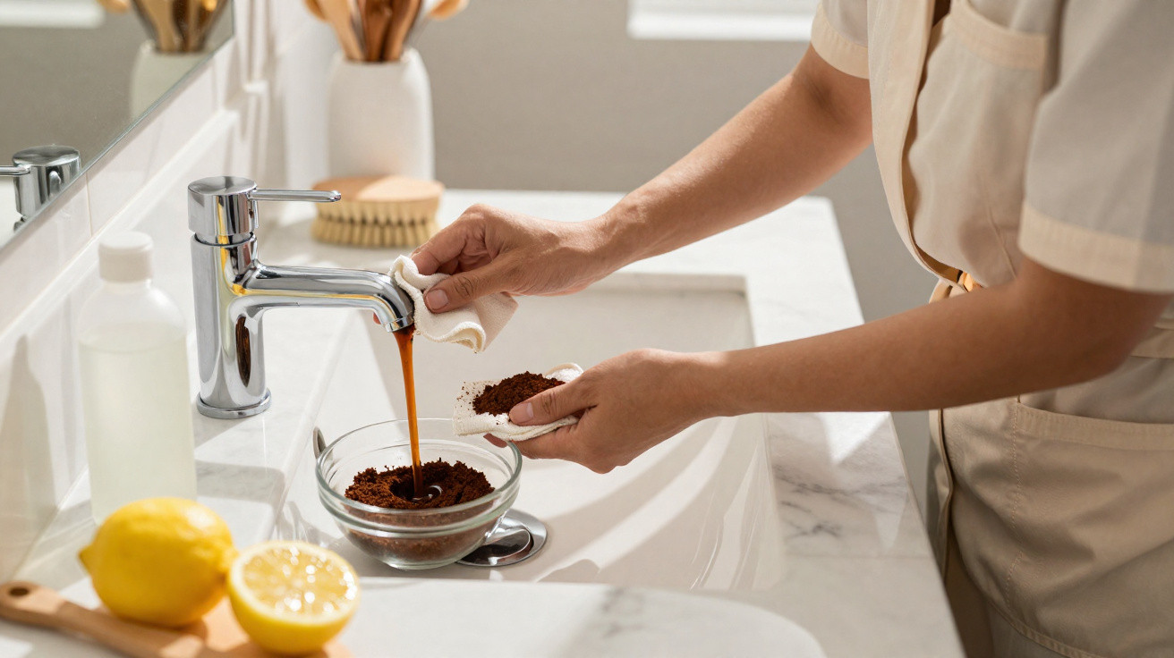 Pessoa a preparar esfoliante caseiro com café moído e líquido num lavatório branco, em ambiente de casa de banho.