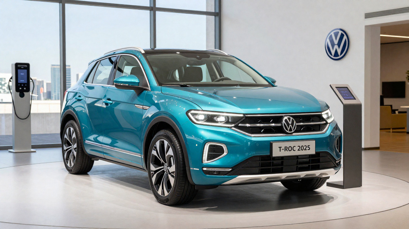 Carro Volkswagen T-Roc 2025 azul exposto numa sala moderna com carregador elétrico ao fundo.