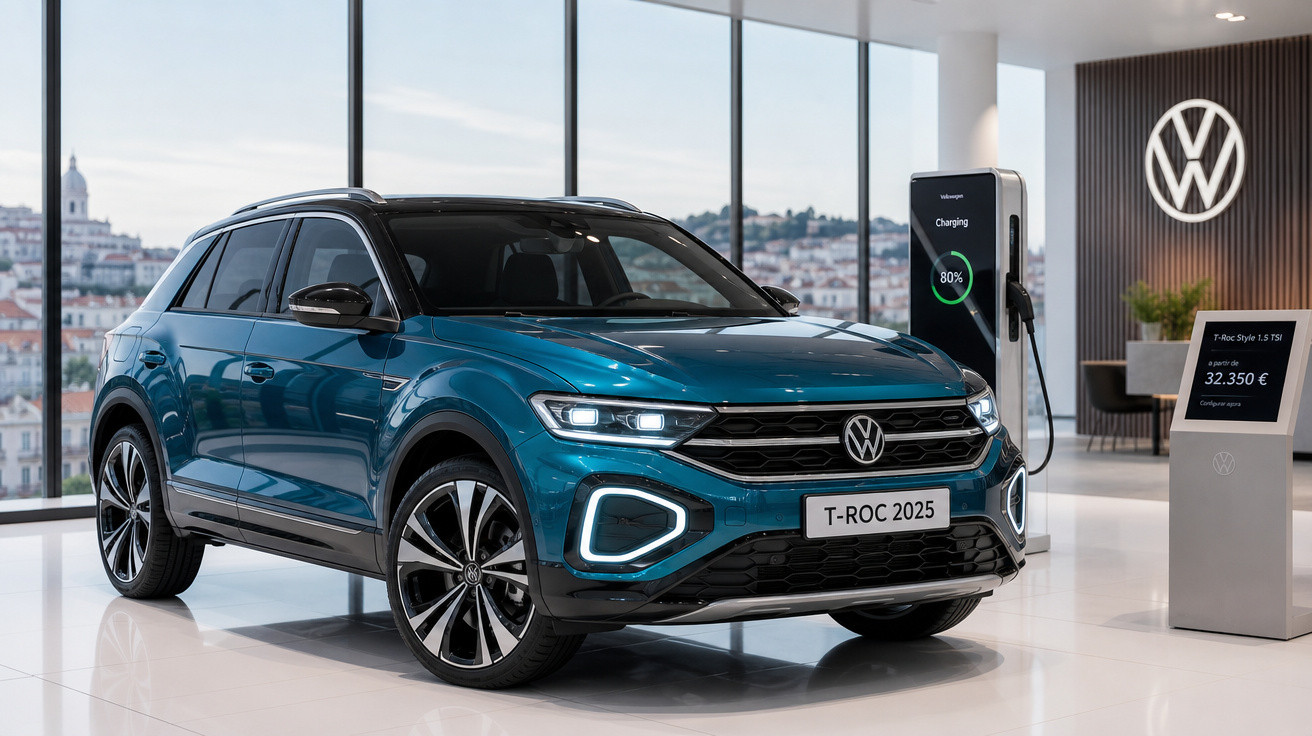 Volkswagen T-Roc 2025 azul numa sala com carregador elétrico e informações do preço em euros.