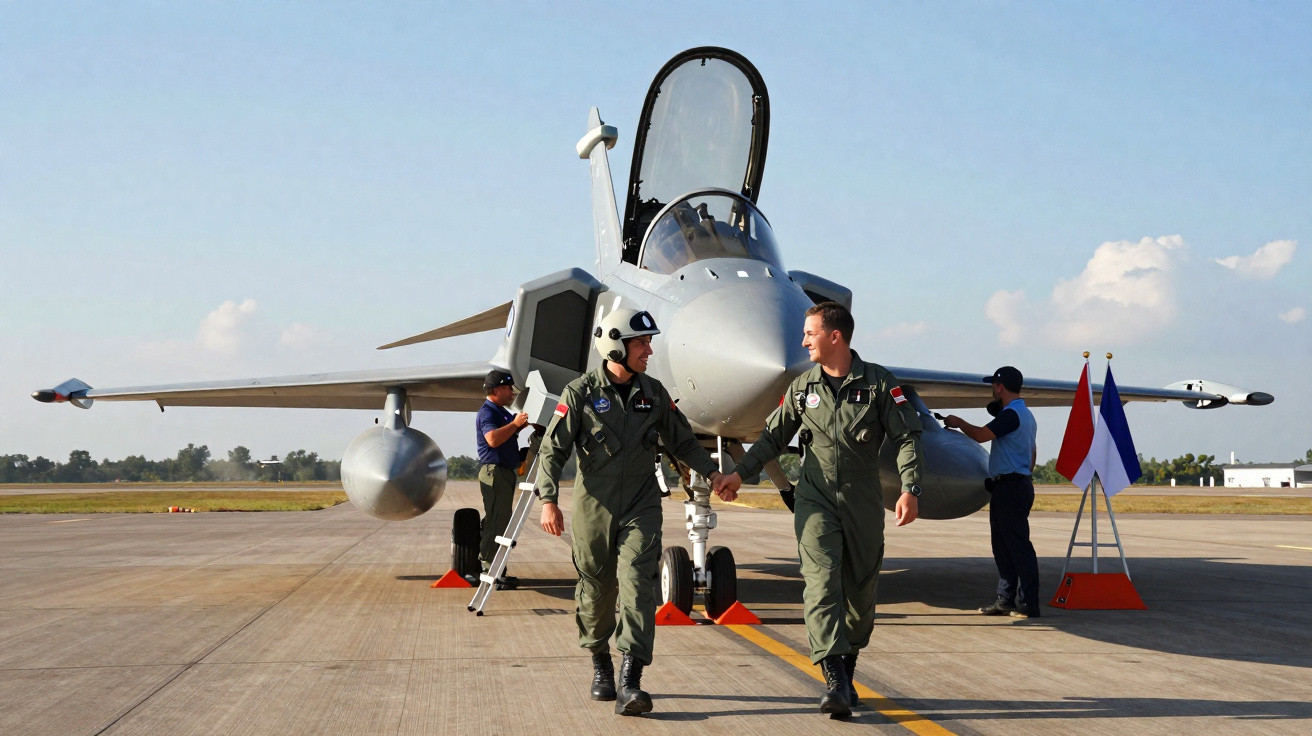 Dois pilotos militares cumprimentam-se em frente a um jato de combate estacionado numa pista de voo.