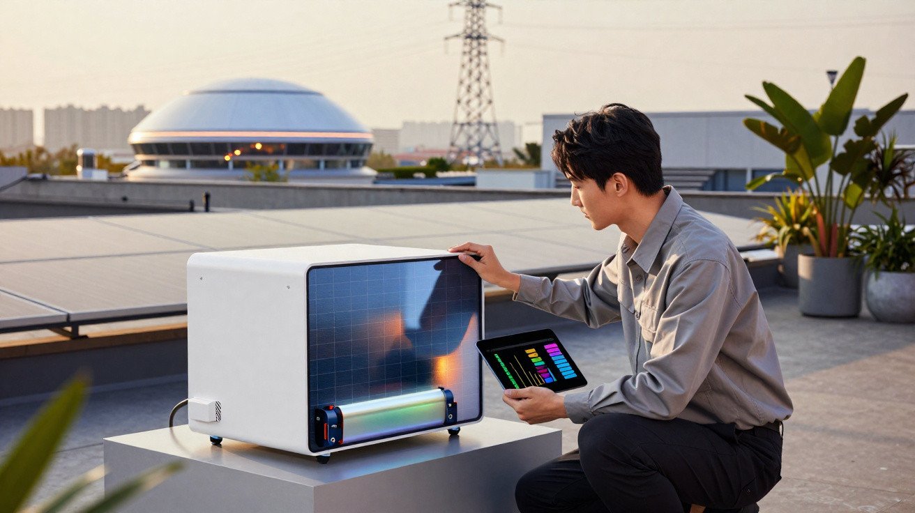 Homem analisa equipamento tecnológico com tablet na mão num terraço ao pôr do sol.