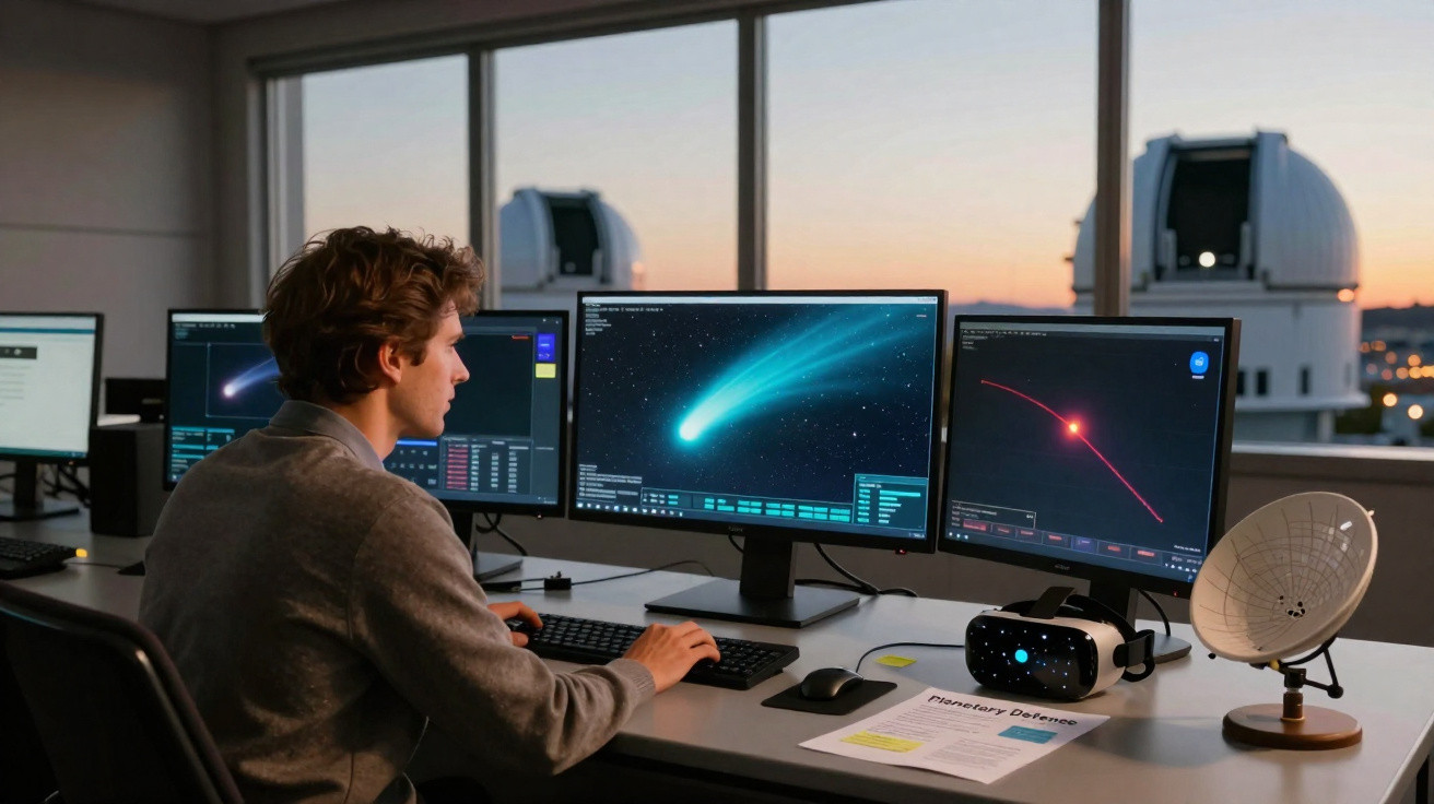 Homem a analisar dados astronómicos em três ecrãs num laboratório com telescópios ao fundo ao entardecer.