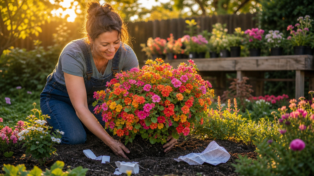 Mulher a plantar flores cor-de-rosa e laranja num jardim ao pôr do sol.