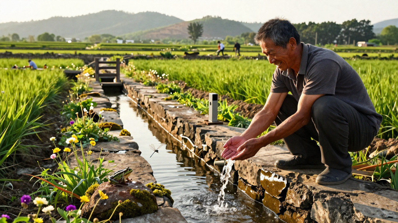 Homem agachado a apanhar água num canal de irrigação junto a um campo verde com flores e montanhas ao fundo.