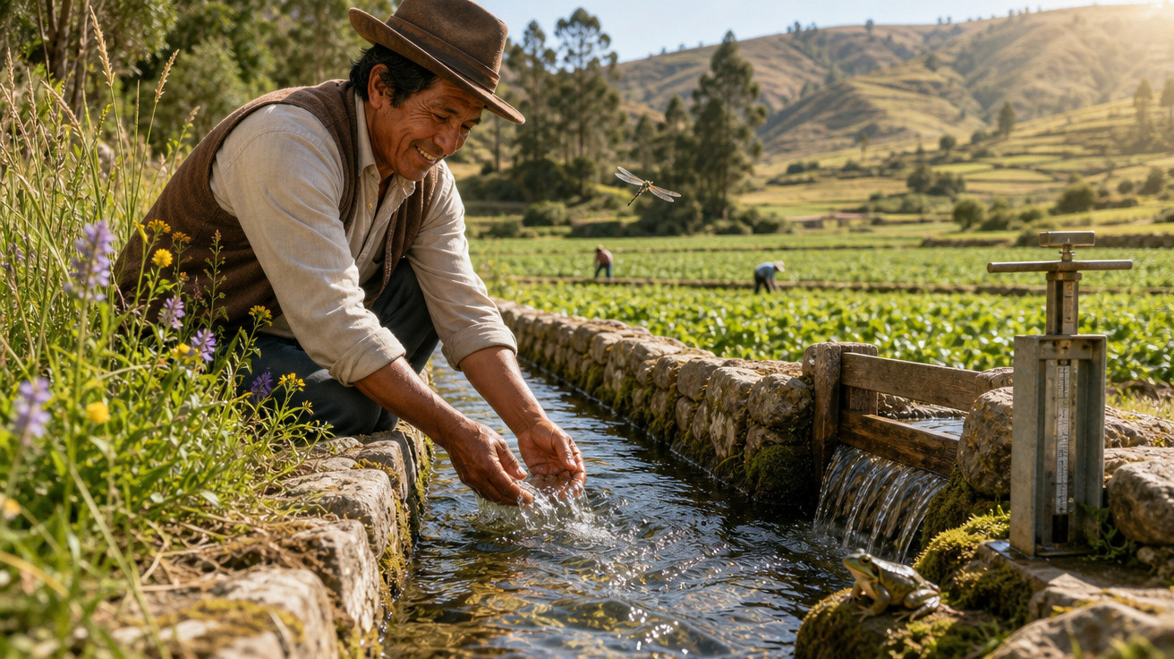Homem com chapéu recolhe água num canal de pedra numa paisagem rural com campos e montanhas ao fundo.