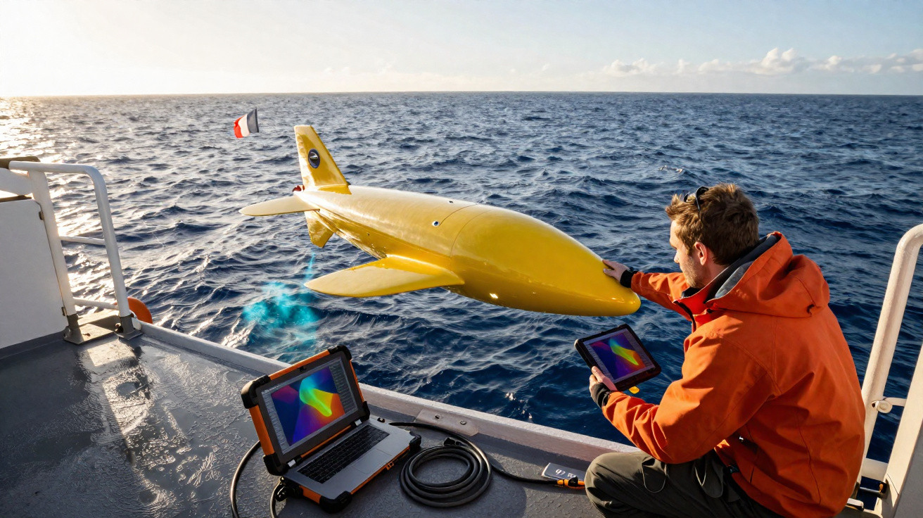 Homem com casaco laranja controla drone amarelo que voa sobre o mar junto a um barco, com computadores ao lado.