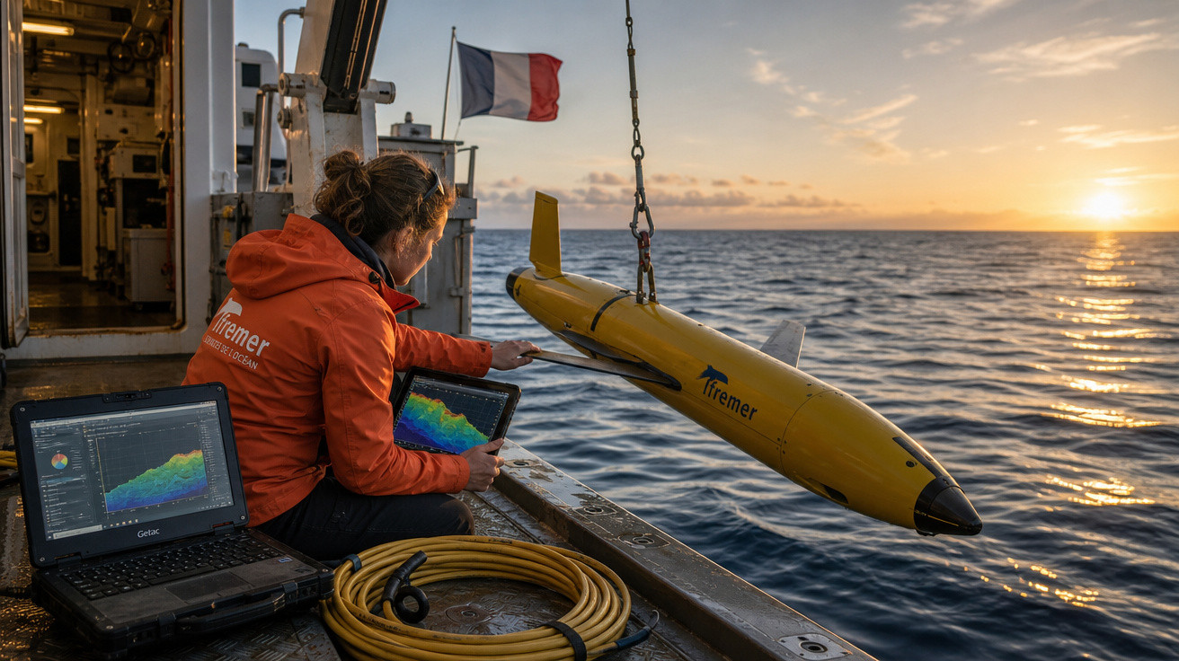 Mulher em casaco laranja manipula dispositivo subaquático amarelo ao pôr do sol num barco no mar.
