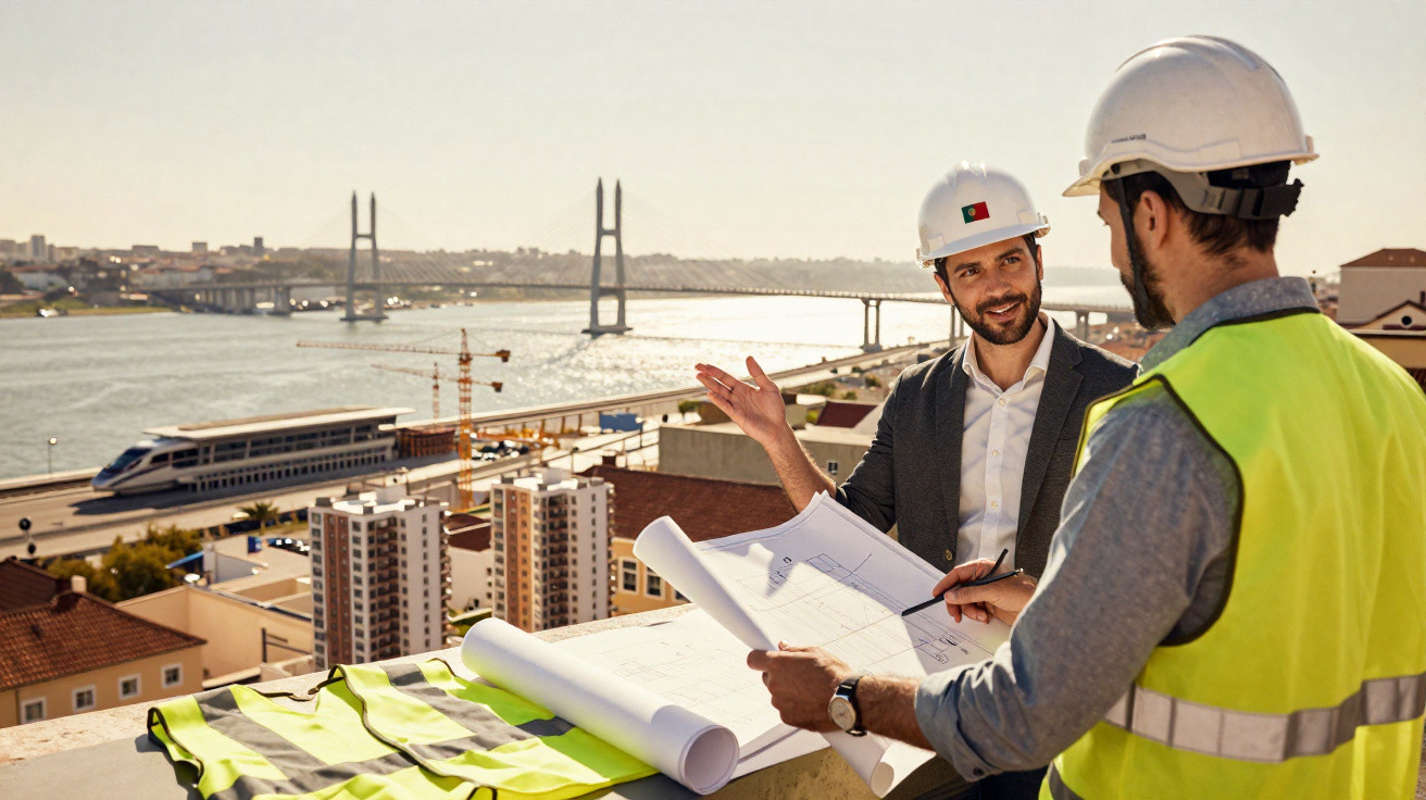 Dois engenheiros com capacete a analisar plantas numa construção perto de um rio e uma ponte suspensa.