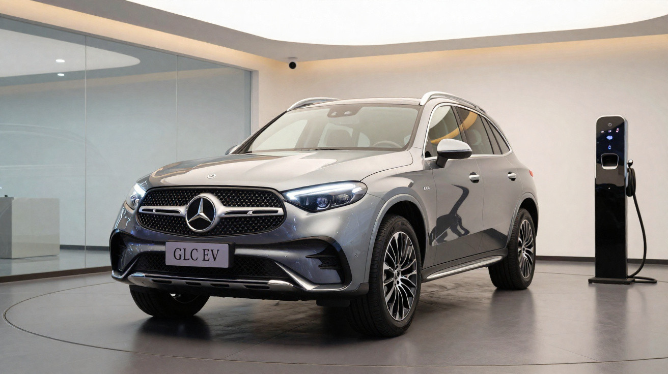 Mercedes-Benz GLC EV cinzento estacionado junto a um carregador elétrico num espaço interior moderno.