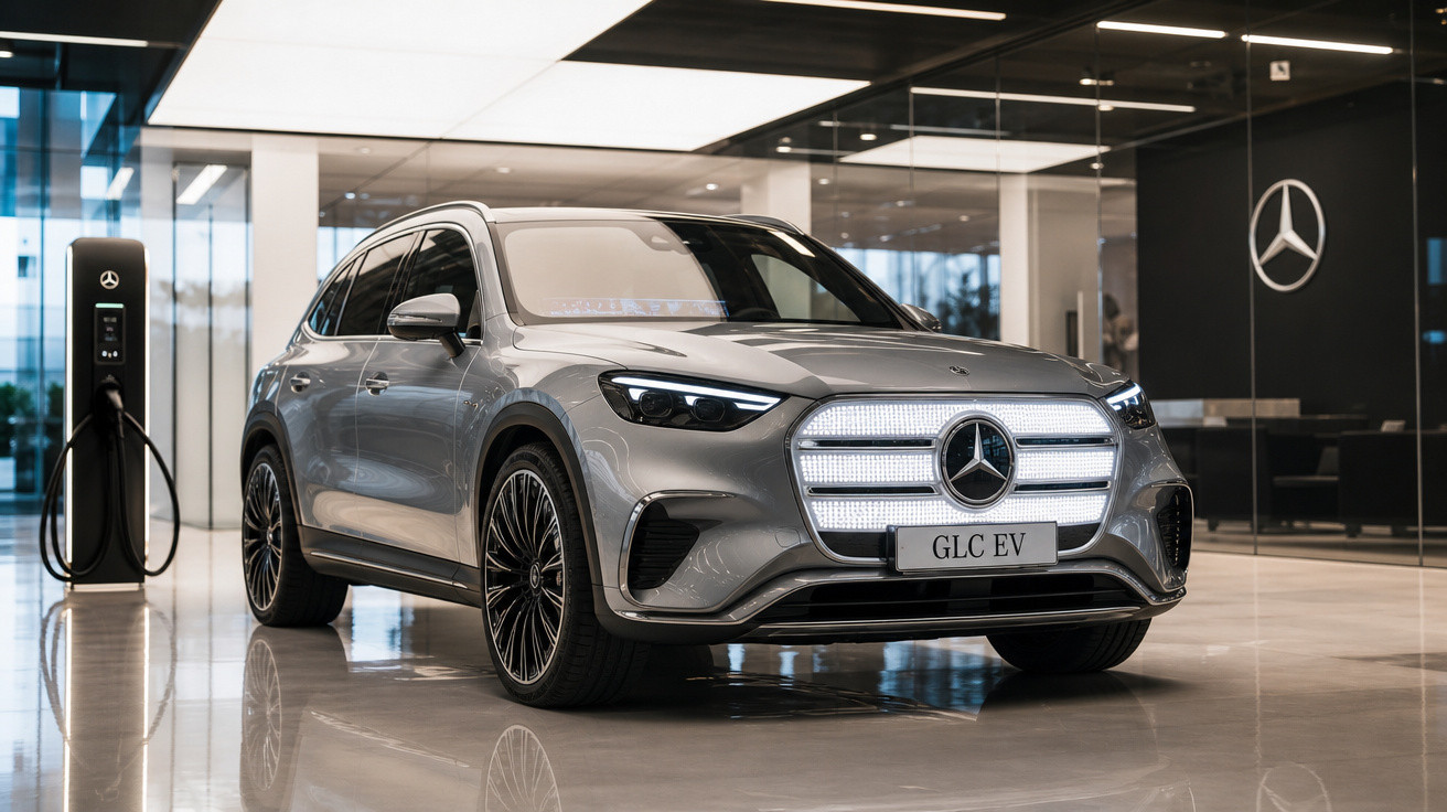 SUV elétrico Mercedes-Benz GLC EV cinza estacionado numa concessionária com carregador elétrico ao lado.