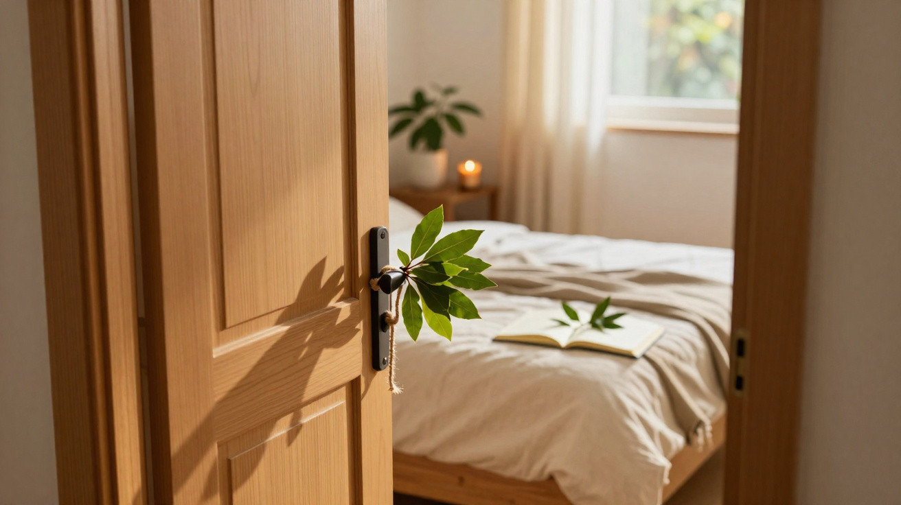 Porta de madeira entreaberta para quarto com cama, livro aberto e decoração verde natural.