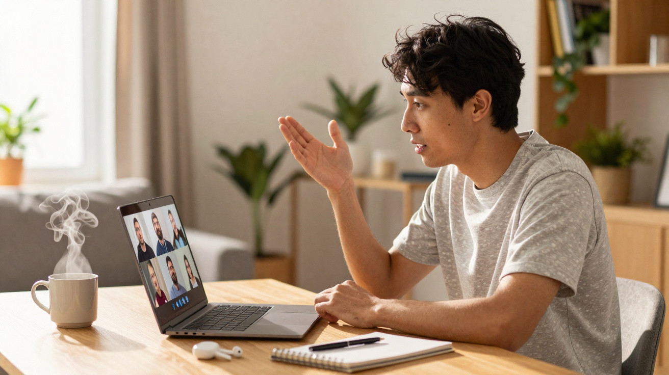 Homem em videoconferência no computador, com caderno e chá quente numa mesa em espaço interior.