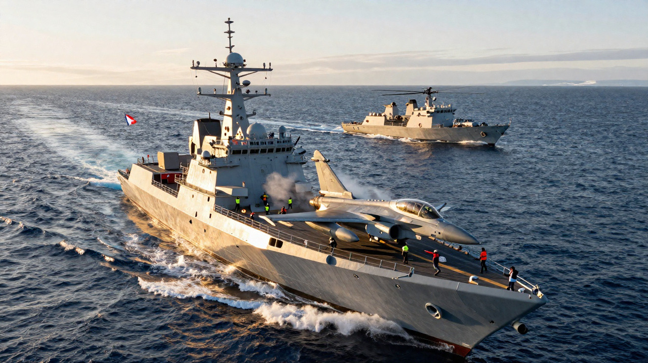 Dois navios de guerra em alto mar, um com um caça no convés e tripulação a bordo.