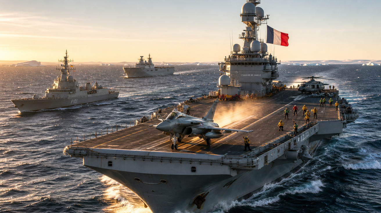 Porta-aviões francês com caça na pista e navios de guerra ao redor no mar ao pôr do sol.