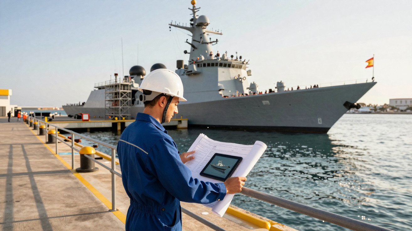 Homem de equipamento de proteção consulta plantas perto de navio de guerra atracado no porto.