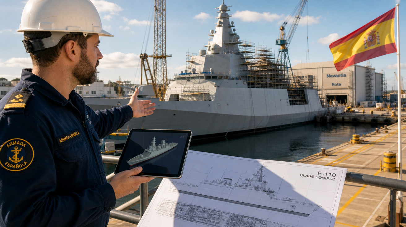Homem da Armada Espanhola com capacete mostra tablet e plantas de navio militar em estaleiro naval com fragata e bandeira de 