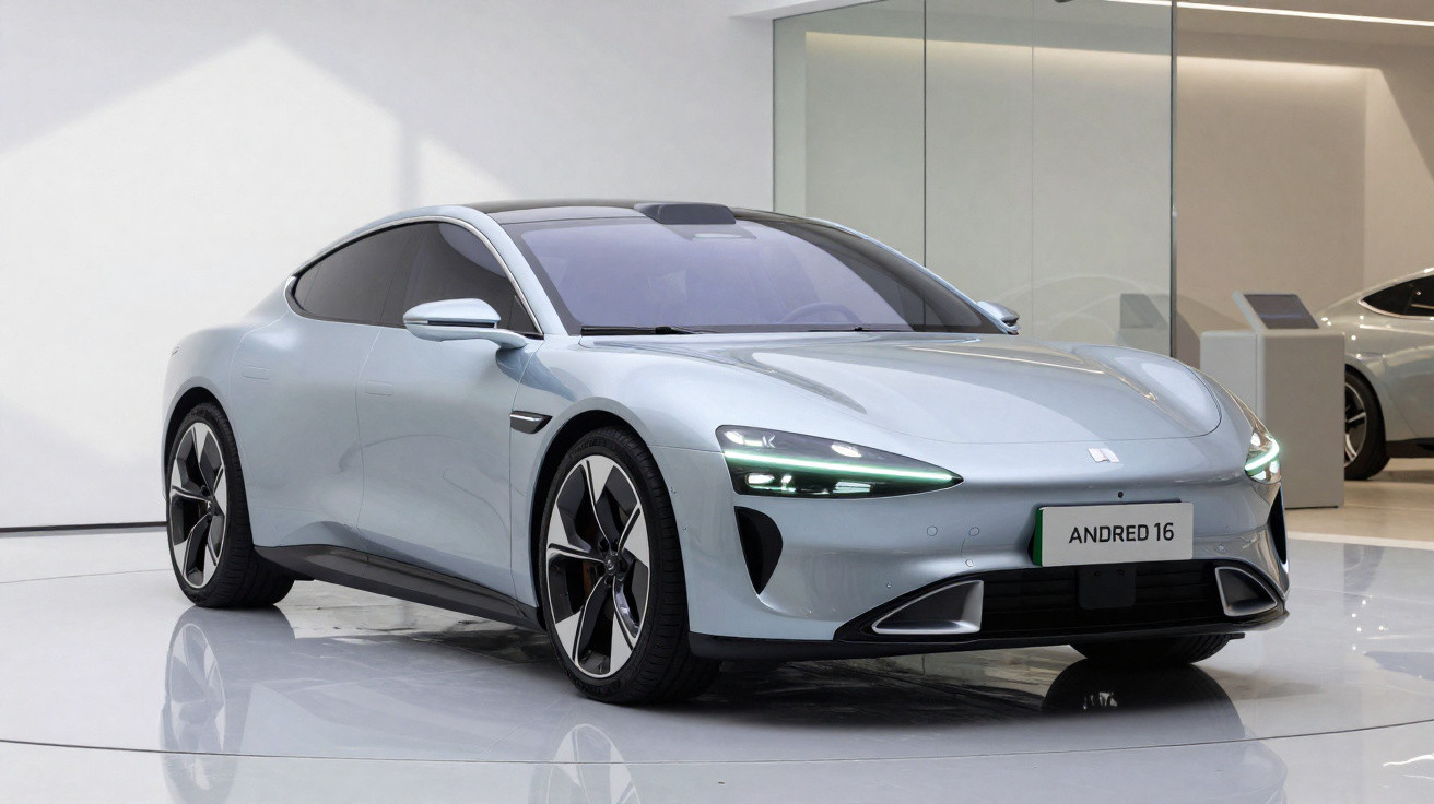 Carro desportivo elétrico cinza com faróis LED, rodas de liga leve e vidros escurecidos, exibido em showroom.