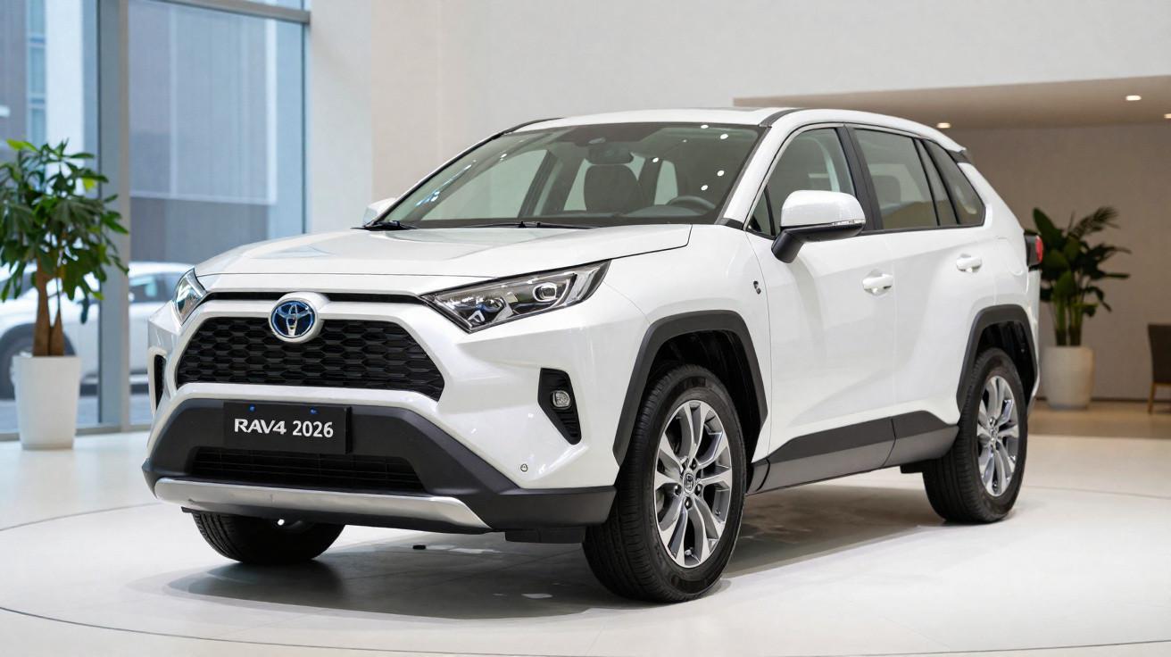 Toyota RAV4 branco 2026 estacionado num espaço interior moderno e bem iluminado.