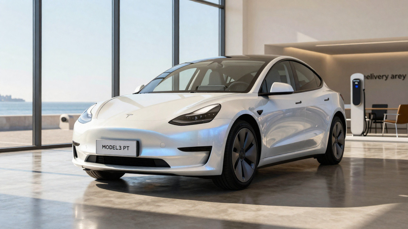 Carro elétrico branco Tesla Model 3 estacionado em showroom com grandes janelas e vista para o mar.