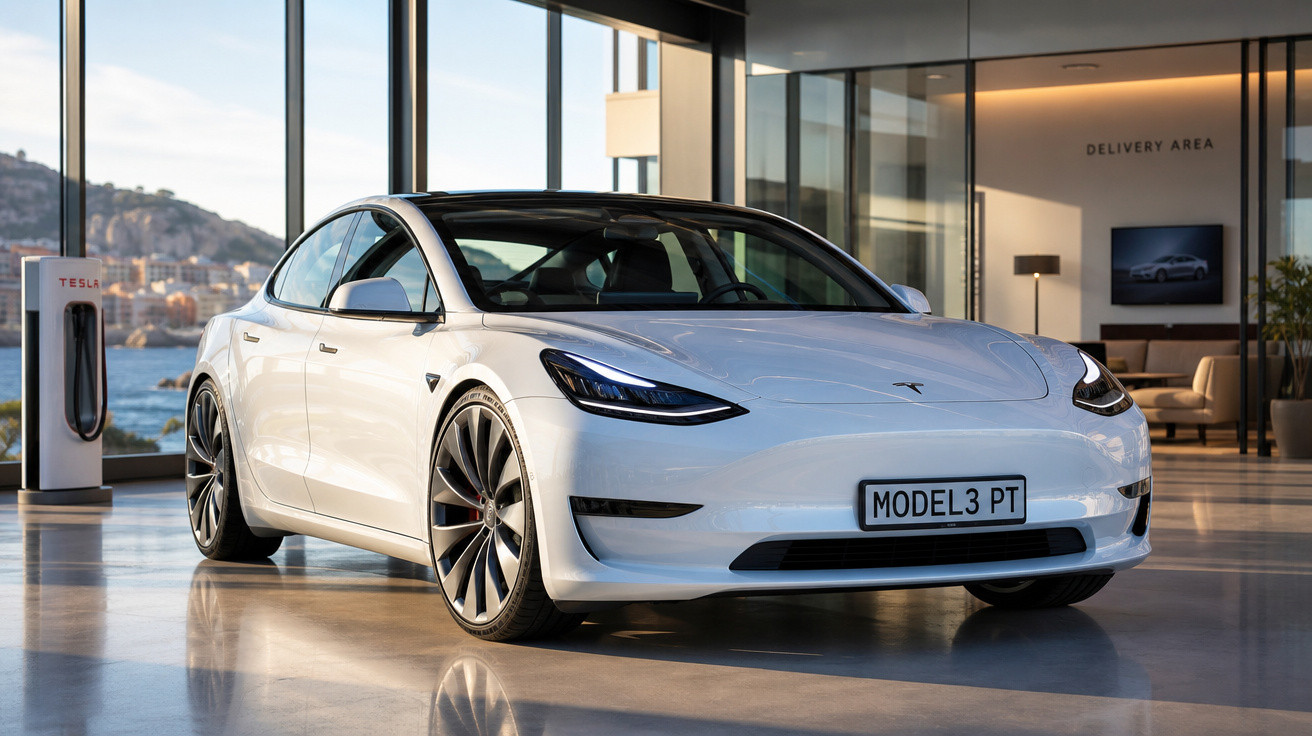 Carro elétrico Tesla Model 3 branco estacionado em showroom moderno com vista para o mar.