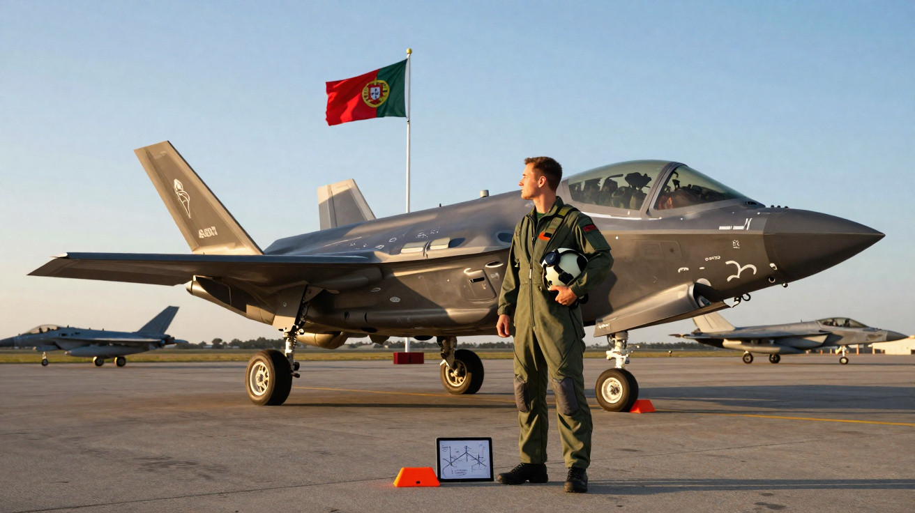 Piloto militar em fato de voo verde com capacete na mão, ao lado de jato F-35 em pista com bandeira de Portugal ao fundo.