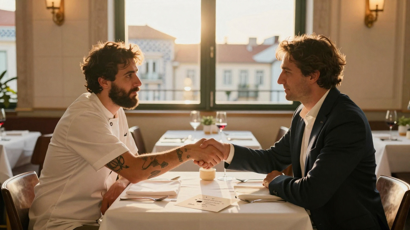 Dois homens sentados num restaurante a apertar as mãos, um veste fato e o outro roupa de cozinheiro.