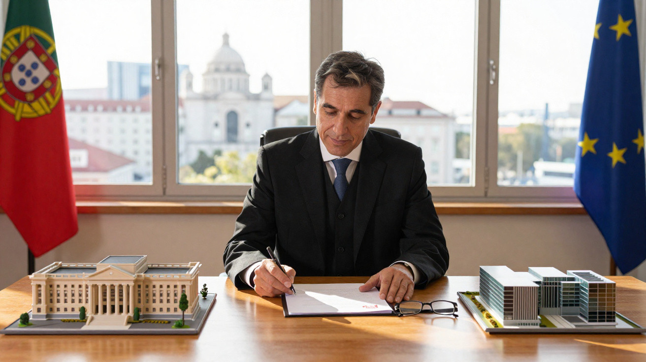 Homem de fato a assinar documentos numa secretária com miniaturas de edifícios, bandeiras de Portugal e da UE ao fundo.
