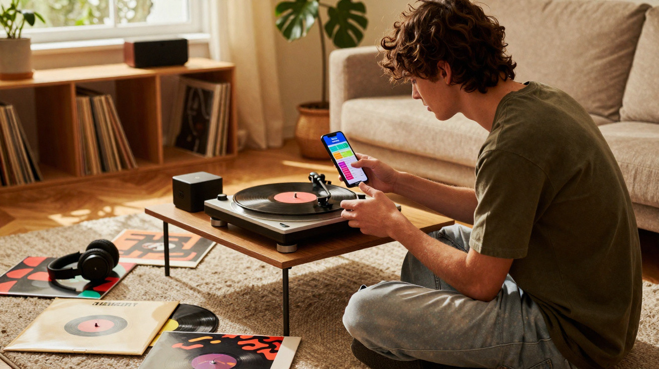 Jovem sentado no chão, a usar smartphone e a ouvir vinil num gira-discos numa sala acolhedora.