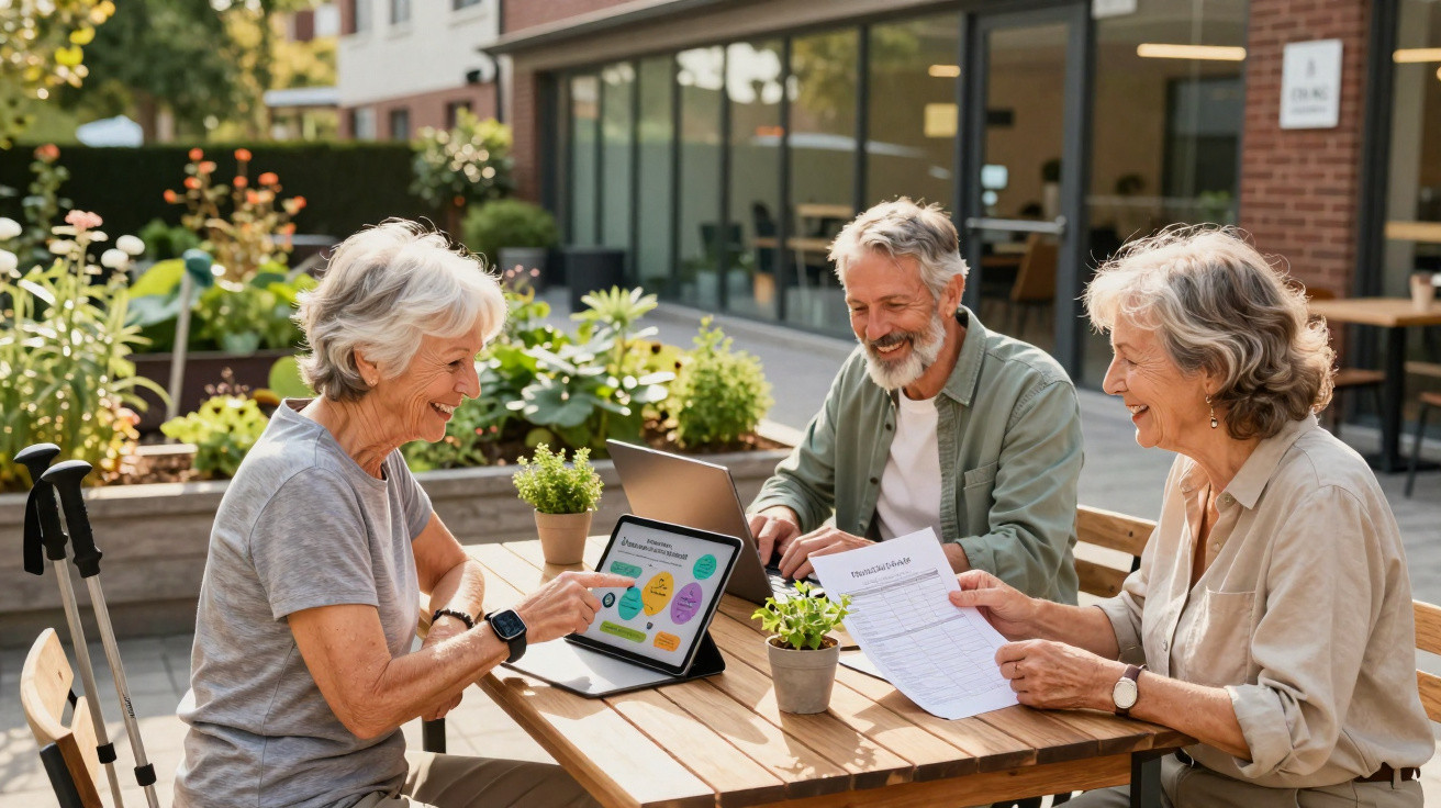 Três idosos sentados à mesa ao ar livre, a discutir documentos e a usar computador portátil e tablet.