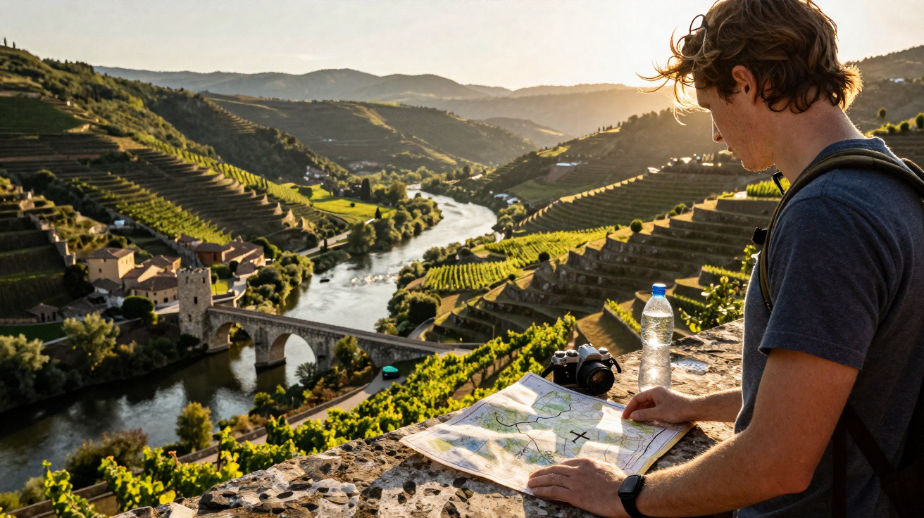 Homem a consultar mapa com mochila, garrafa de água e câmara, vista panorâmica de vale com rio e vinhas ao pôr do sol.