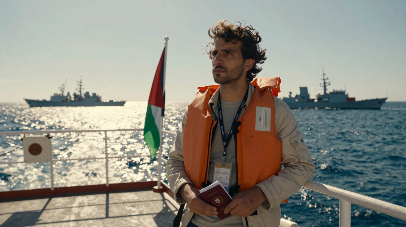 Homem com colete salva-vidas laranja segurando passaporte num barco, com navios e bandeira ao fundo no mar.