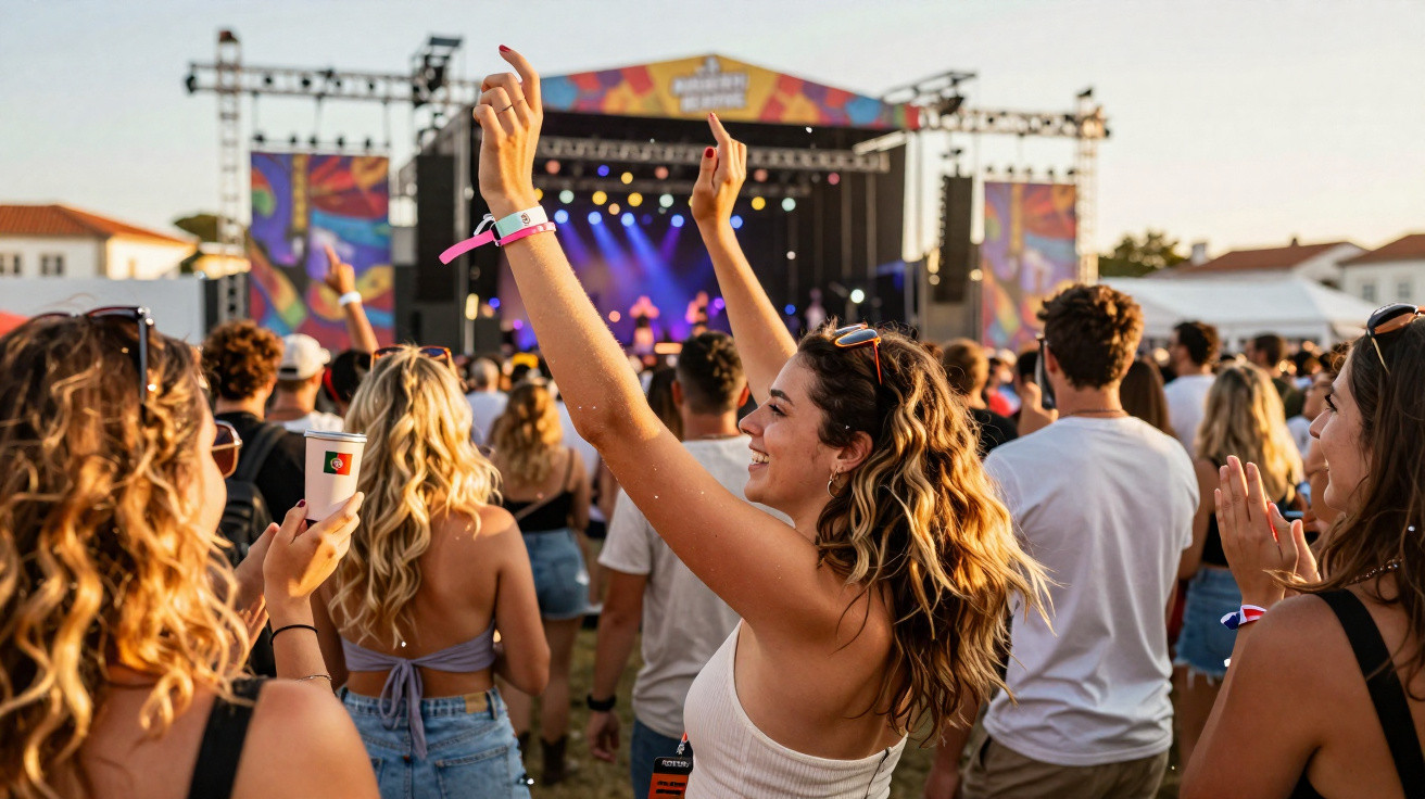 Jovens a assistir e a dançar num concerto ao ar livre durante o pôr do sol.