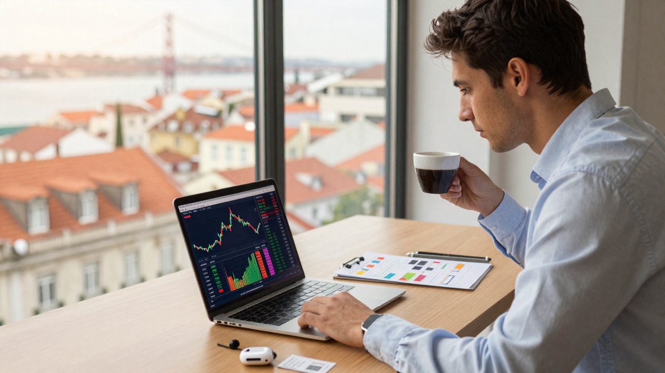 Homem a beber café enquanto analisa gráficos financeiros num portátil junto a uma janela com vista urbana.