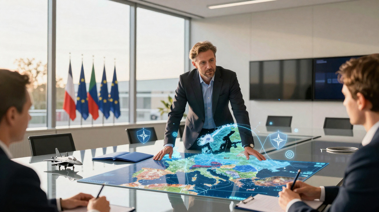 Homens de negócios em reunião com mapa digital de Europa e símbolos militares numa sala moderna.